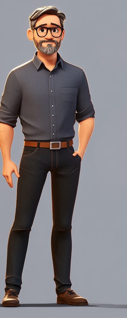 Dr. Daniel Carter: graying hair, salt-and-pepper beard, thick black glasses, charcoal shirt