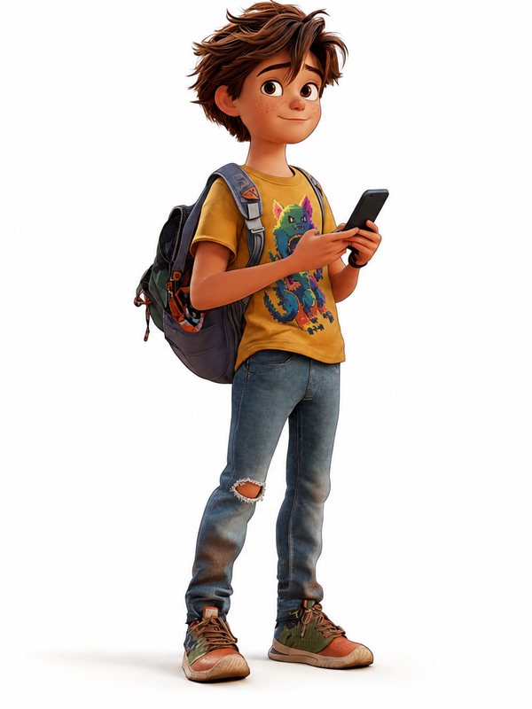 Ethan Carter: messy brown hair, mustard-yellow video-game T-shirt, ripped jeans, holding his phone