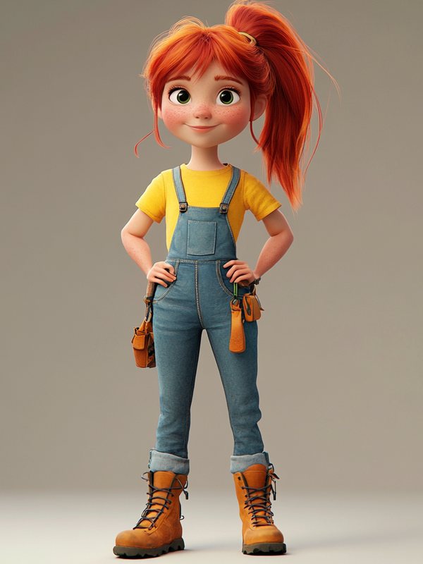 Maggie Carter: copper-red ponytail, yellow T-shirt and denim overalls, holding her field notebook