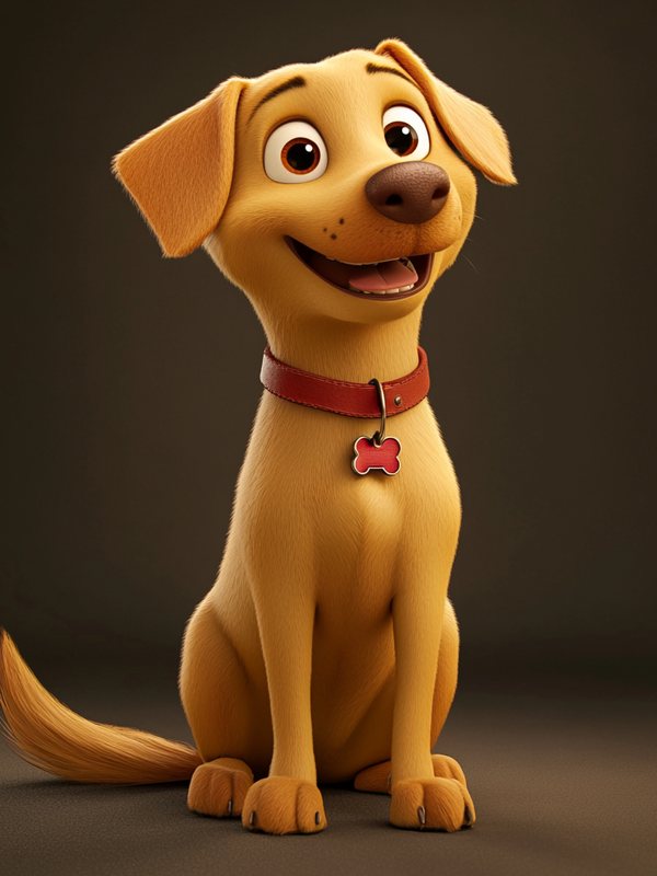 Rex: a golden-yellow Labrador mix with a red collar and a red bone-shaped tag