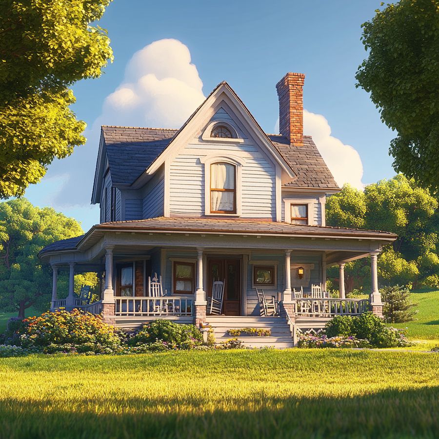 A blue-gray Victorian farmhouse with a red brick chimney and a wide porch with rocking chairs