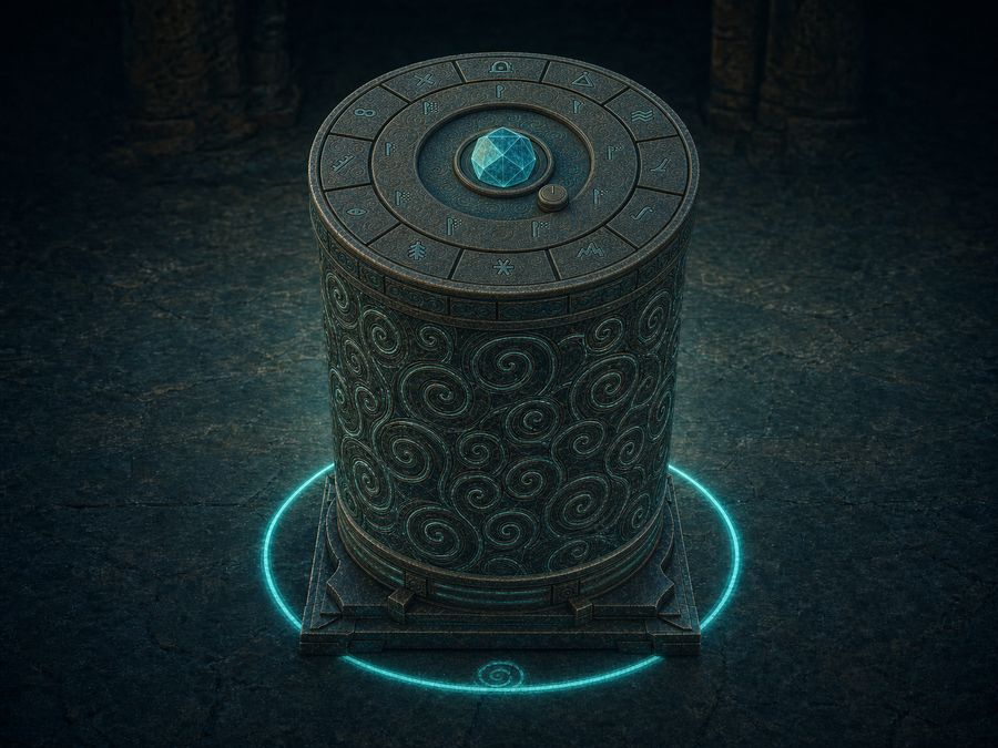 An ancient stone pedestal carved with glowing blue-green spirals, standing in a dark cave chamber